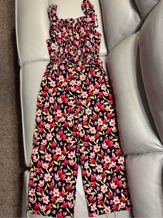 None Other - Girls Floral Smocked Jumpsuit in Black and Pink